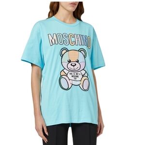 Moschino Teddy Bear Patchwork Teal Cotton T-shirt Size XS Streetwear Luxury